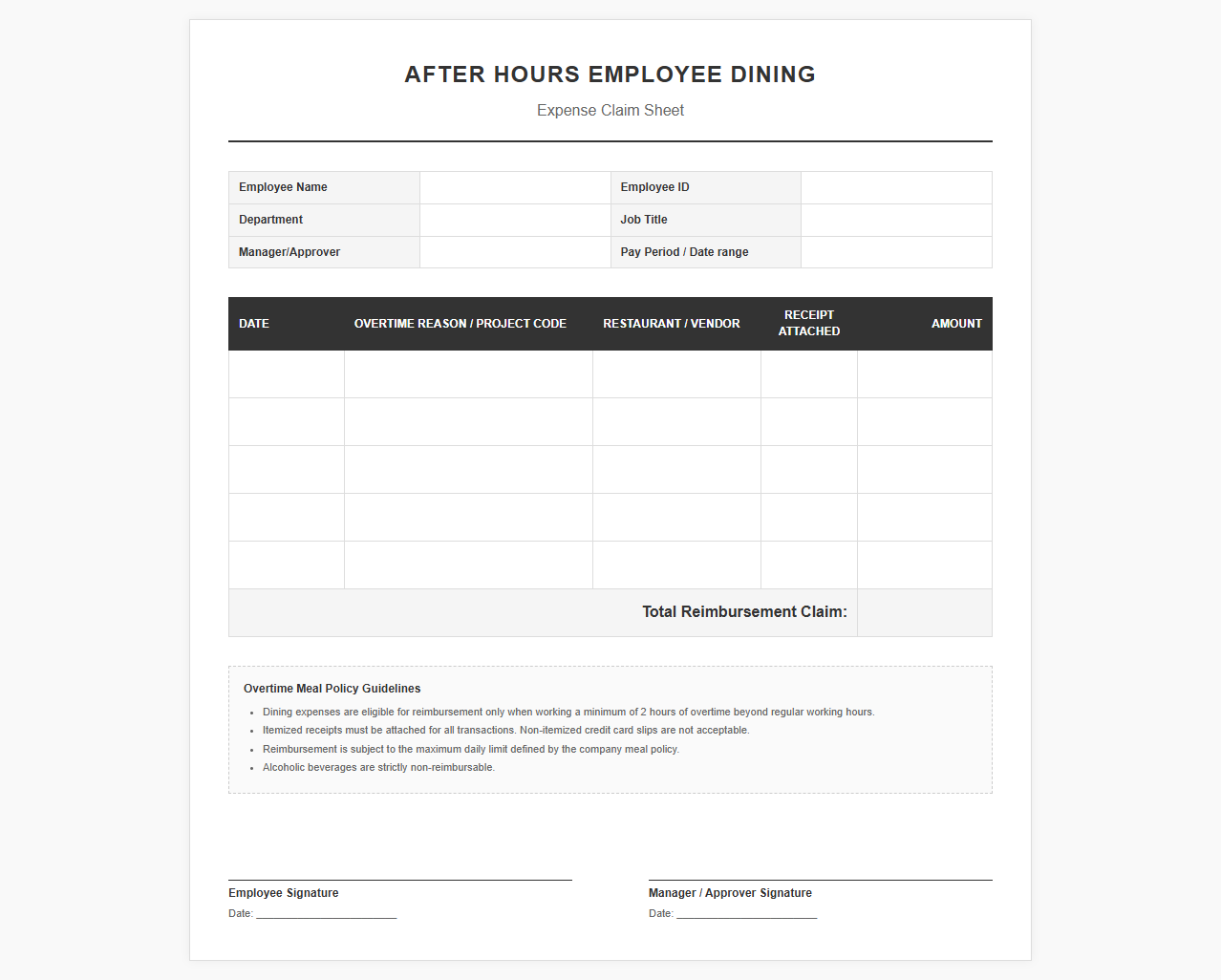 After Hours Employee Dining Expense Sheet