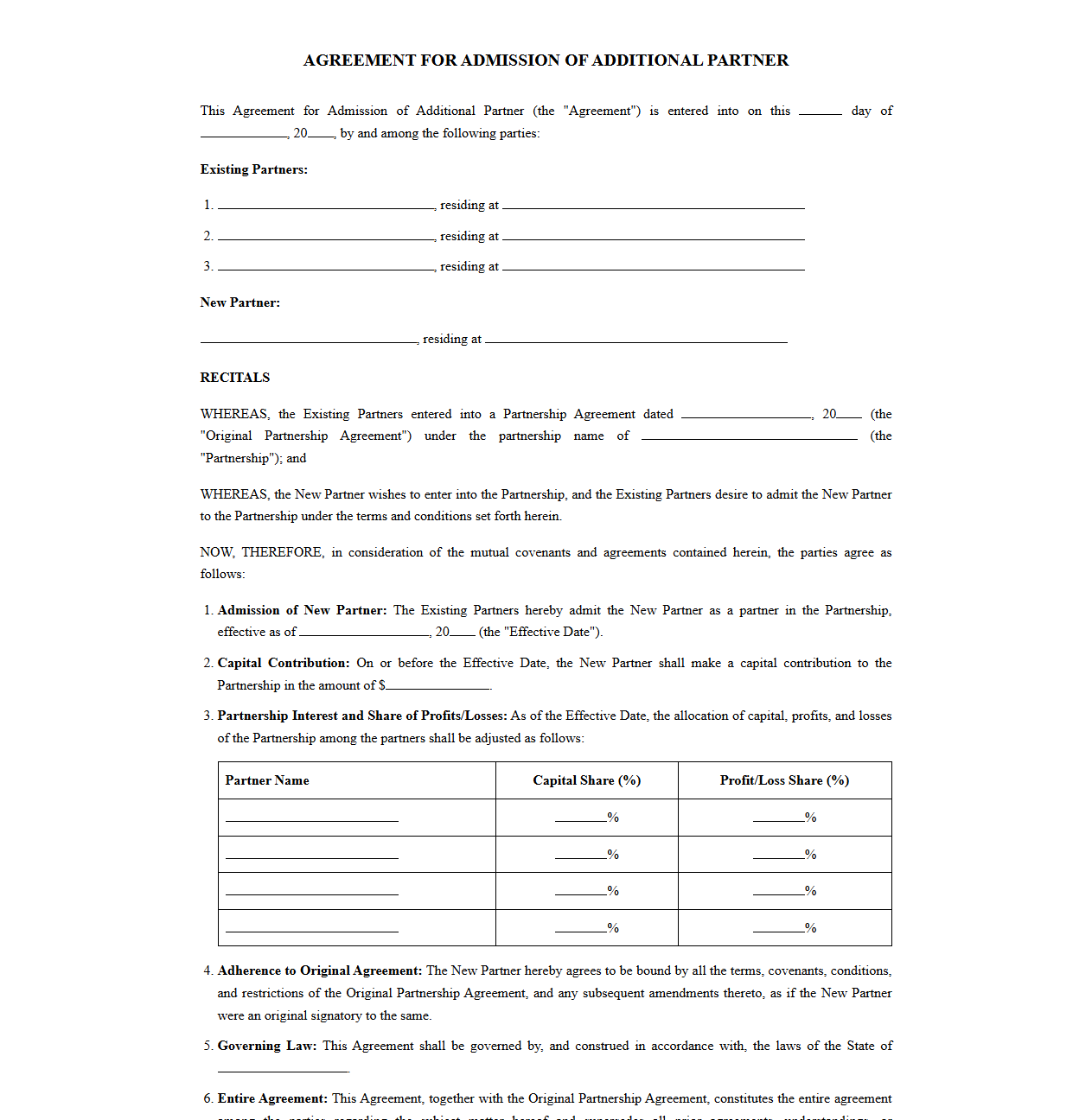 Agreement for Admission of Additional Partner