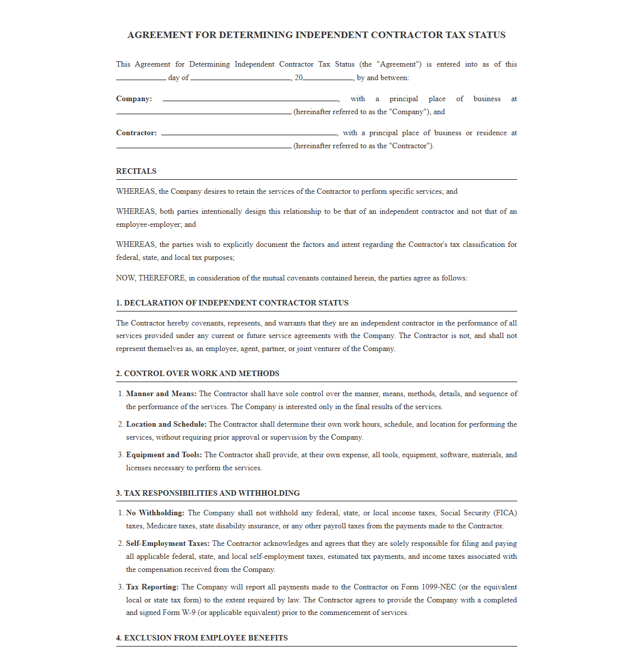 Agreement for Determining Independent Contractor Tax Status