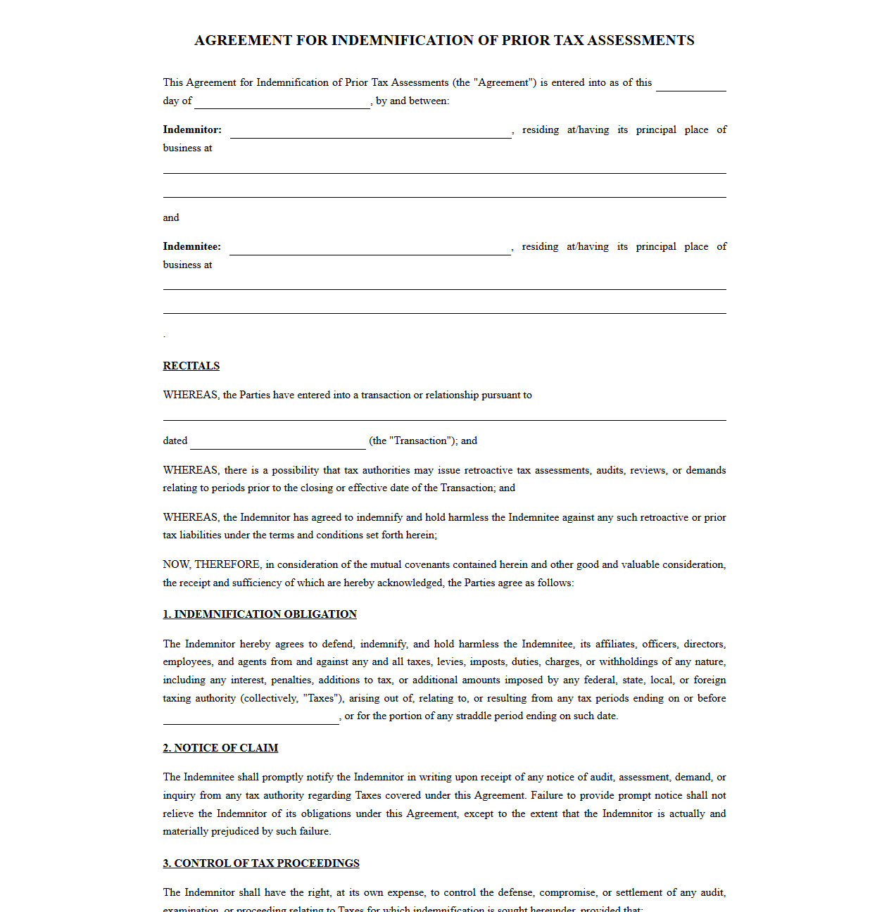Agreement for Indemnification of Prior Tax Assessments