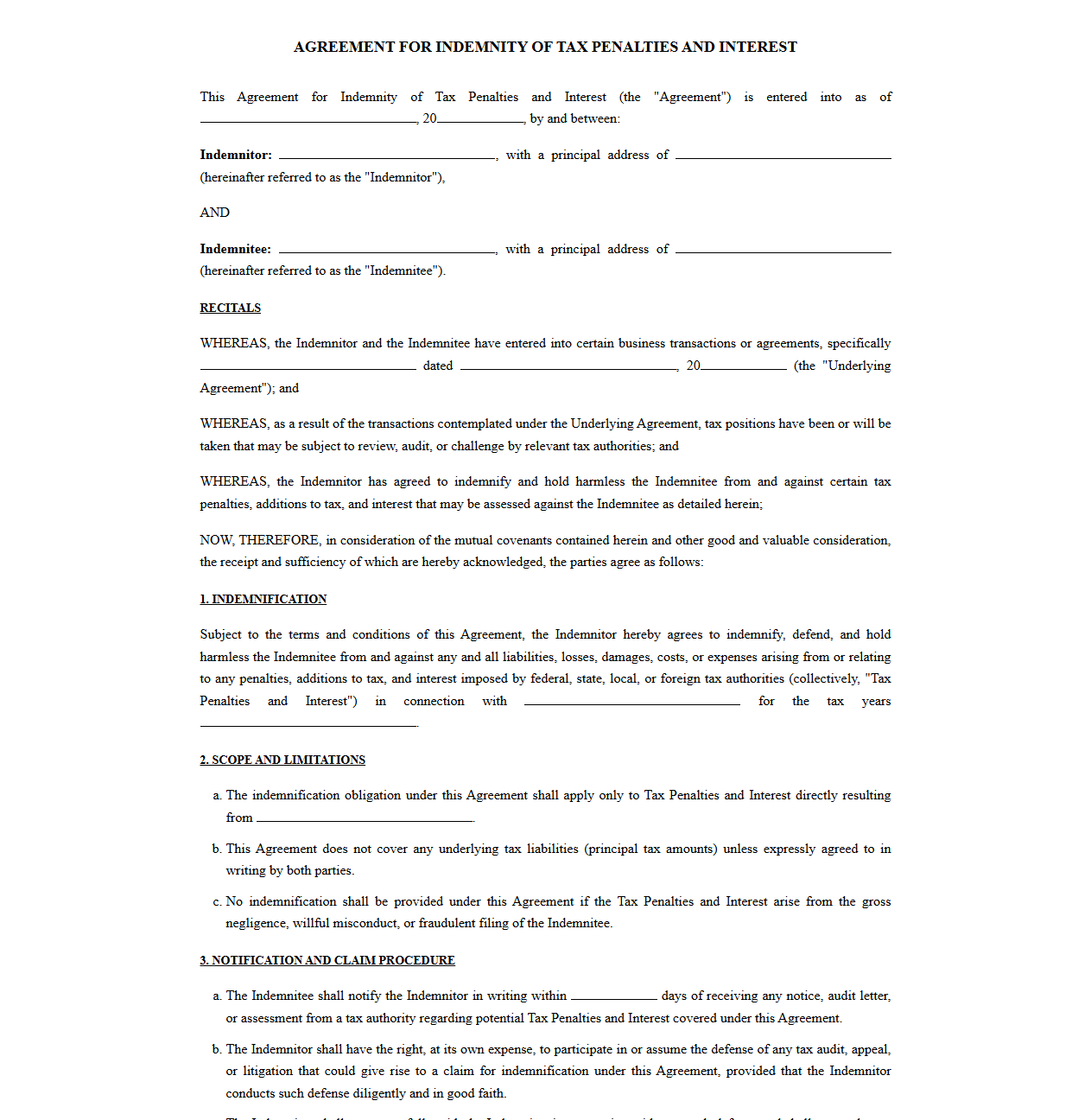 Agreement for Indemnity of Tax Penalties and Interest