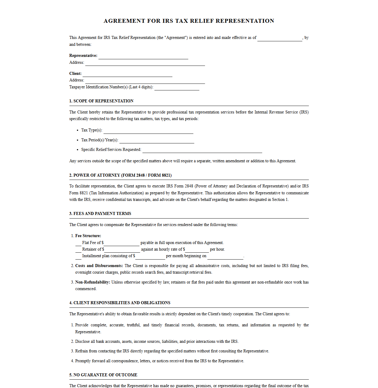 Agreement for IRS Tax Relief Representation