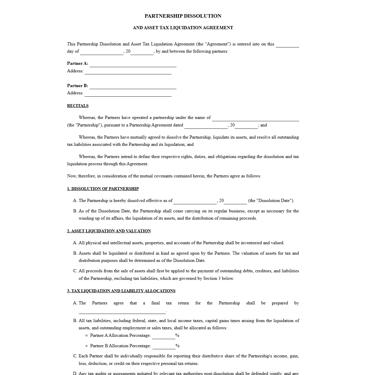 Agreement for Partnership Dissolution and Asset Tax Liquidation