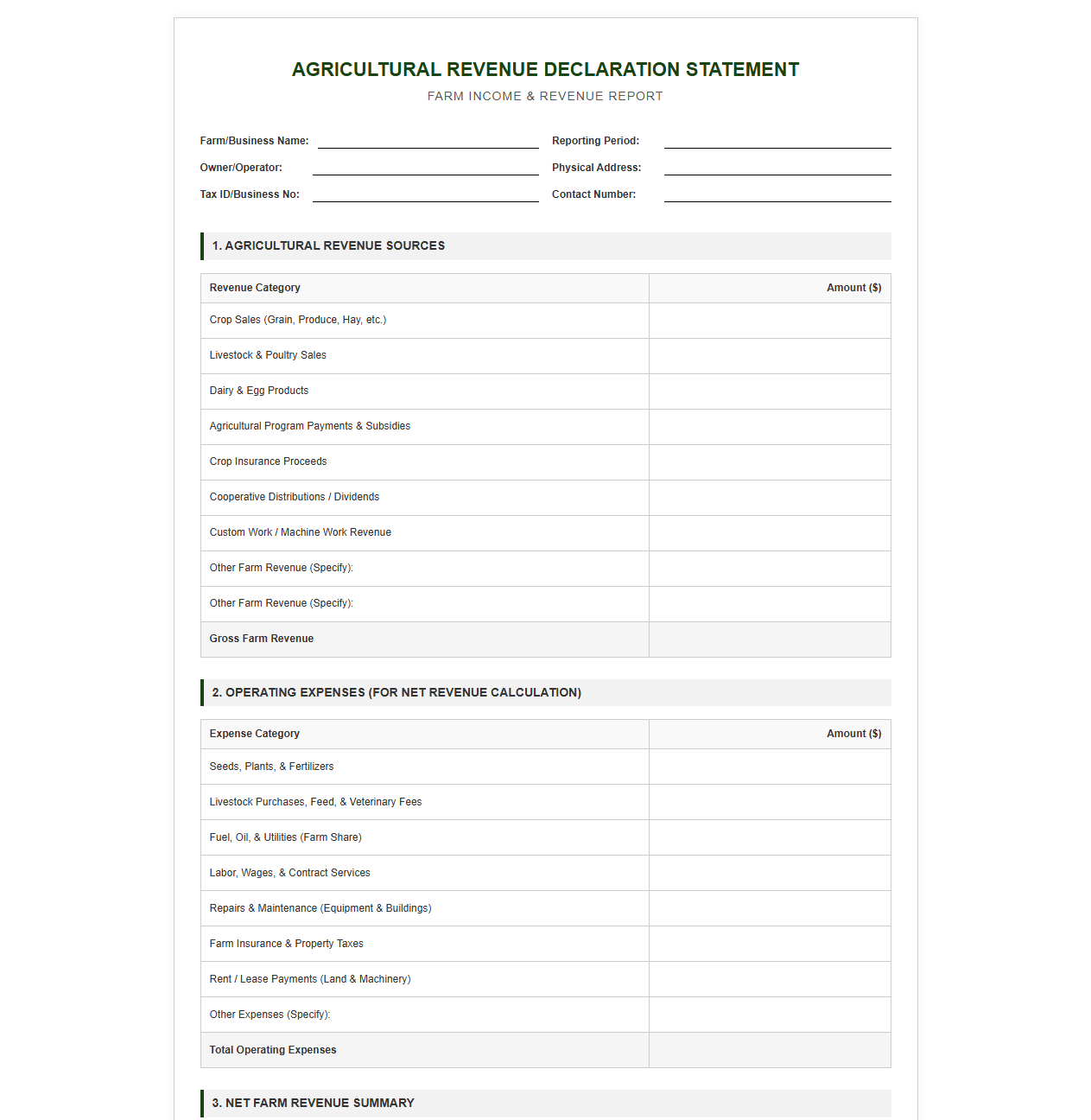 Agricultural Revenue Declaration Statement Template