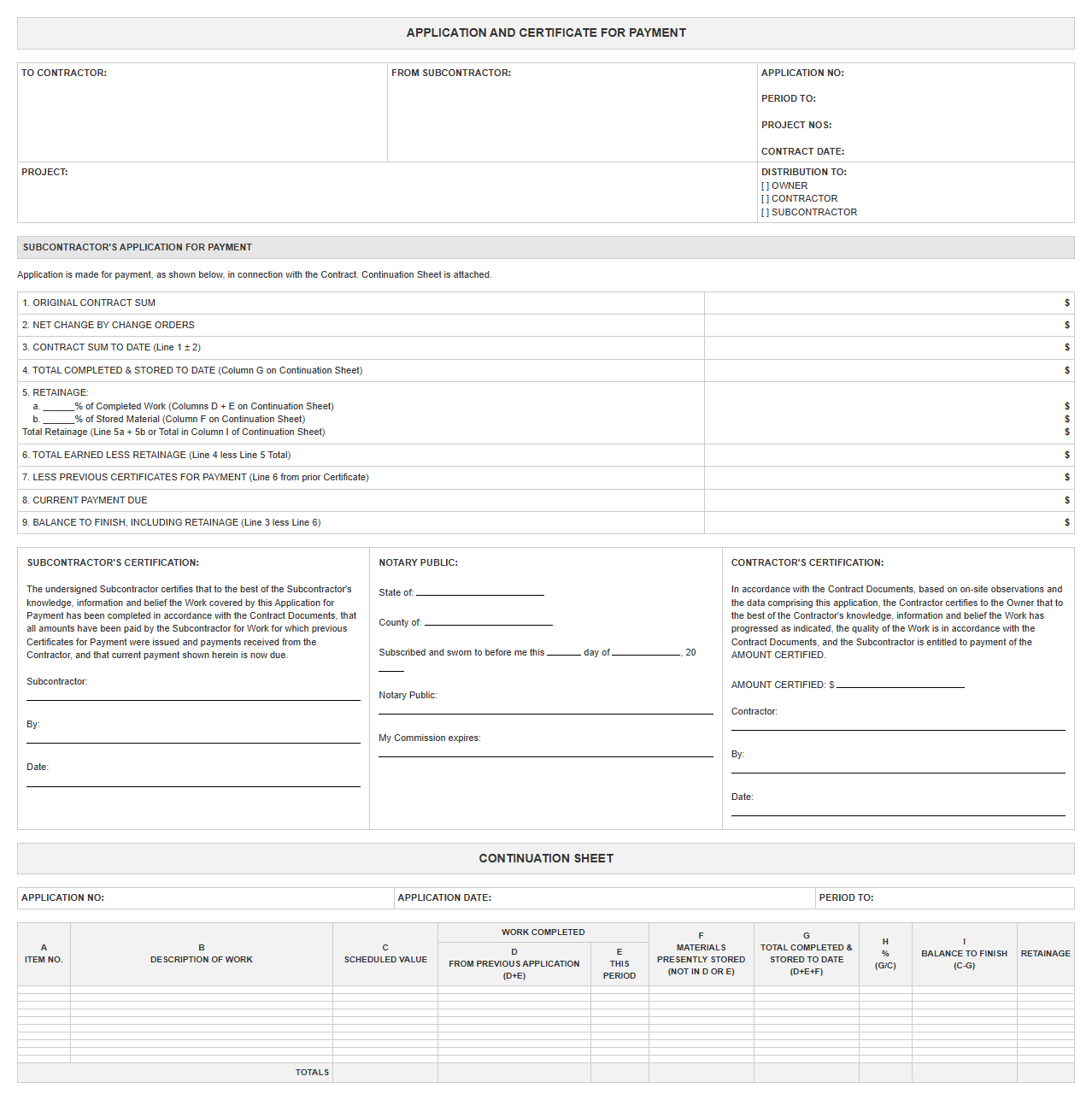 AIA Style Commercial Subcontractor Invoice Template
