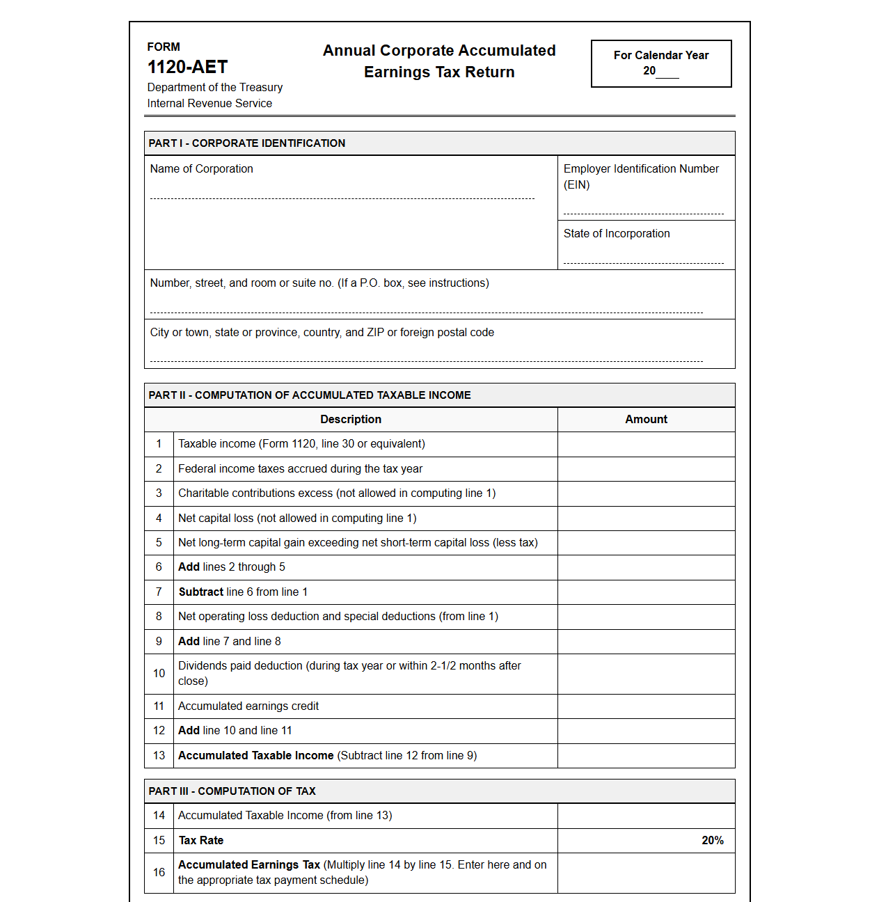 Annual Corporate Accumulated Earnings Tax Return