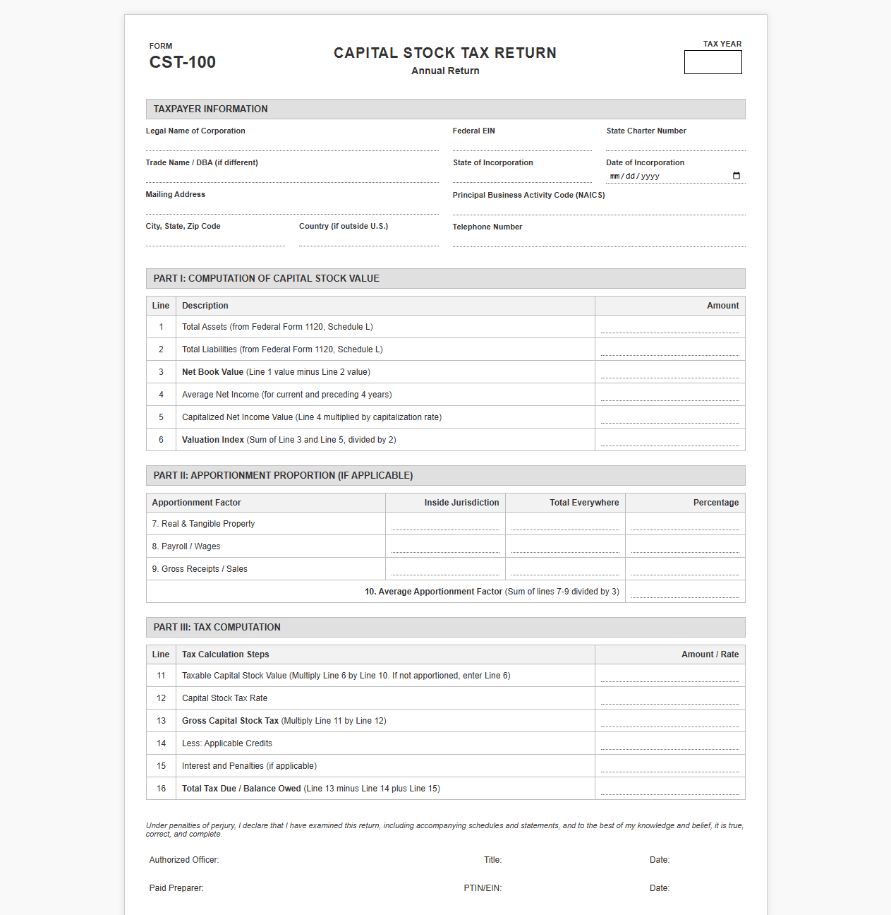 Annual Corporate Capital Stock Tax Return Template