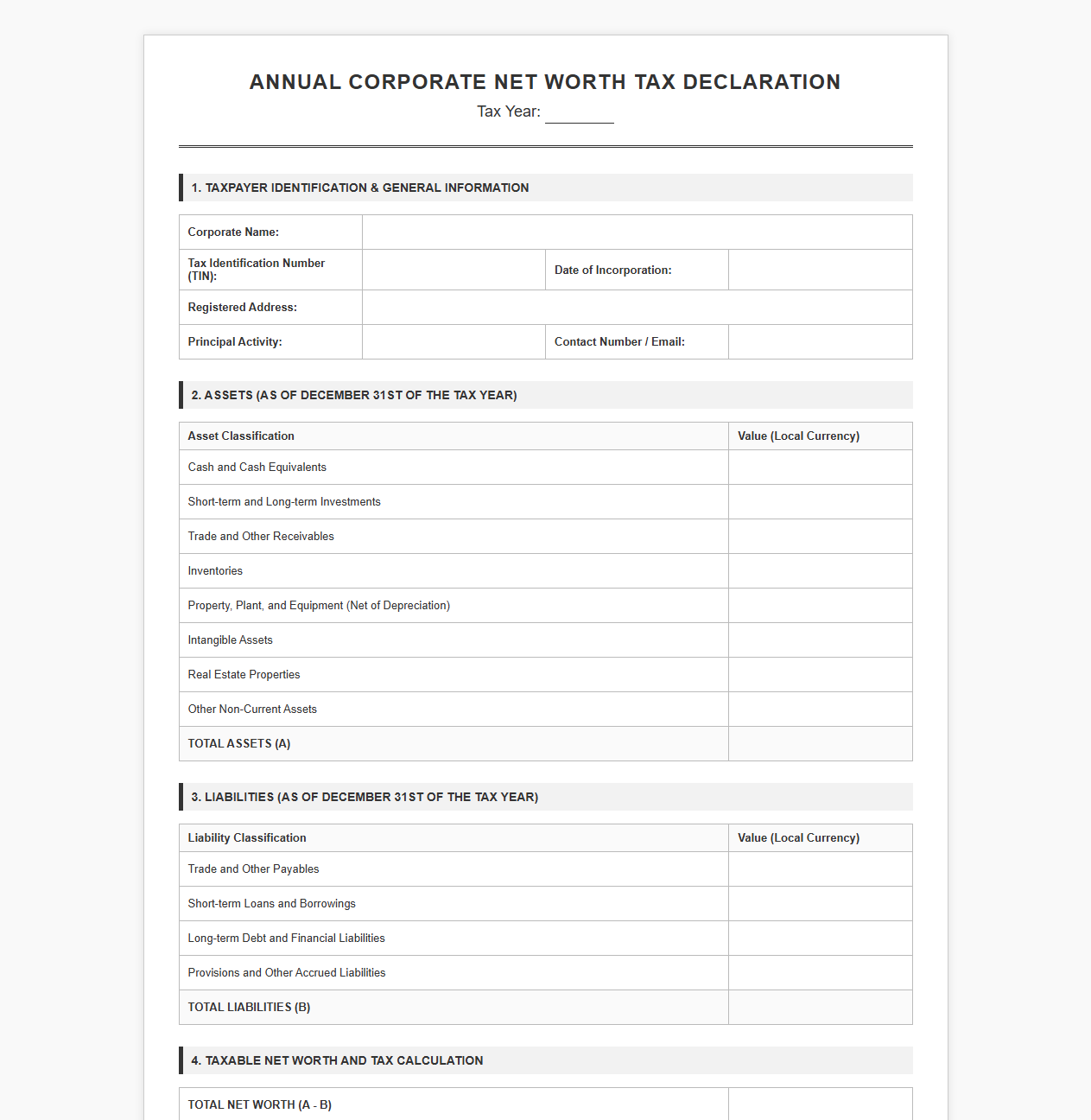 Annual Corporate Net Worth Tax Declaration Template