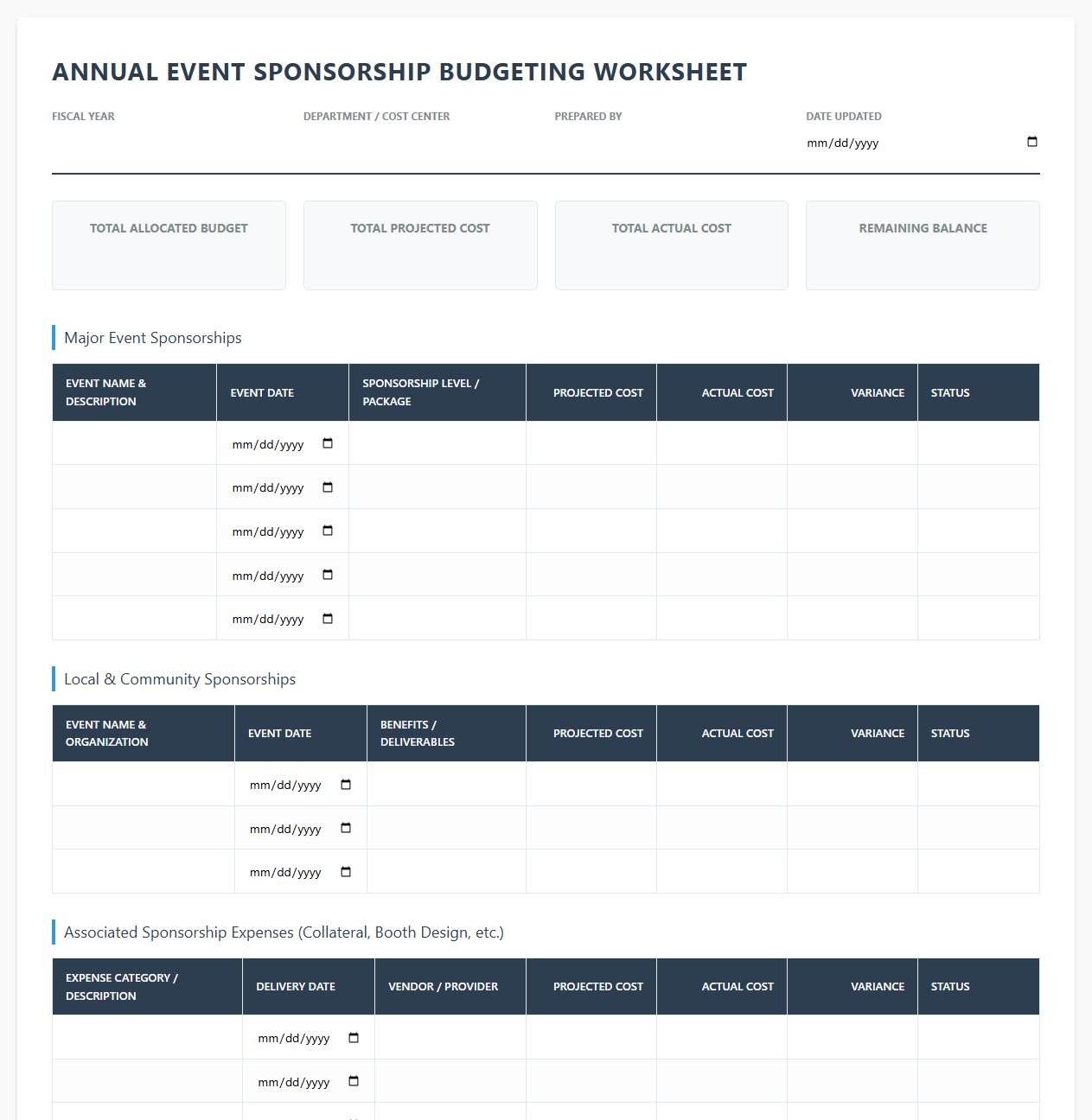 Annual Event Sponsorship Budgeting Worksheet