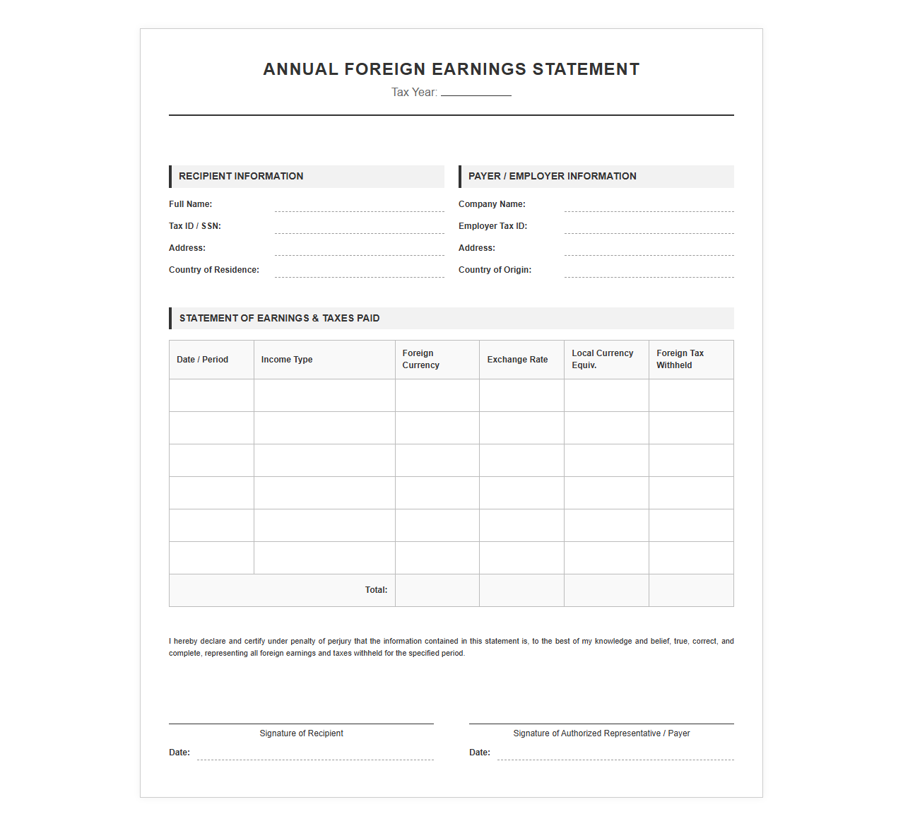 Annual Foreign Earnings Statement Template