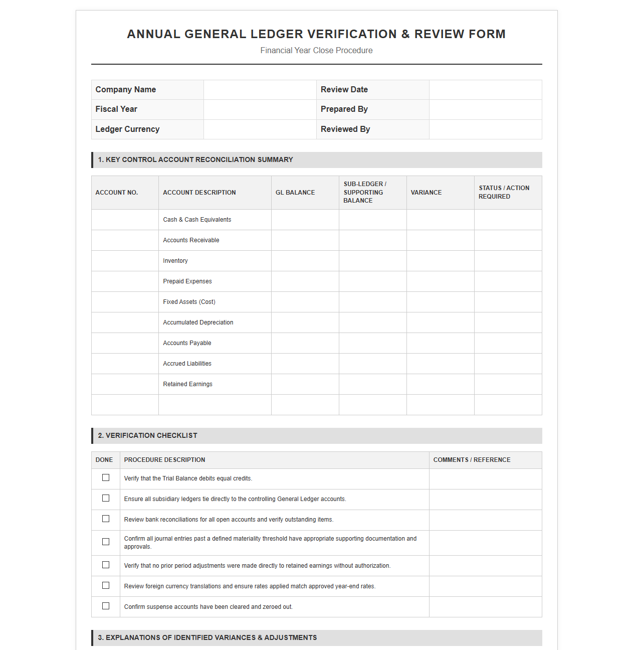 Annual General Ledger Verification and Review Form
