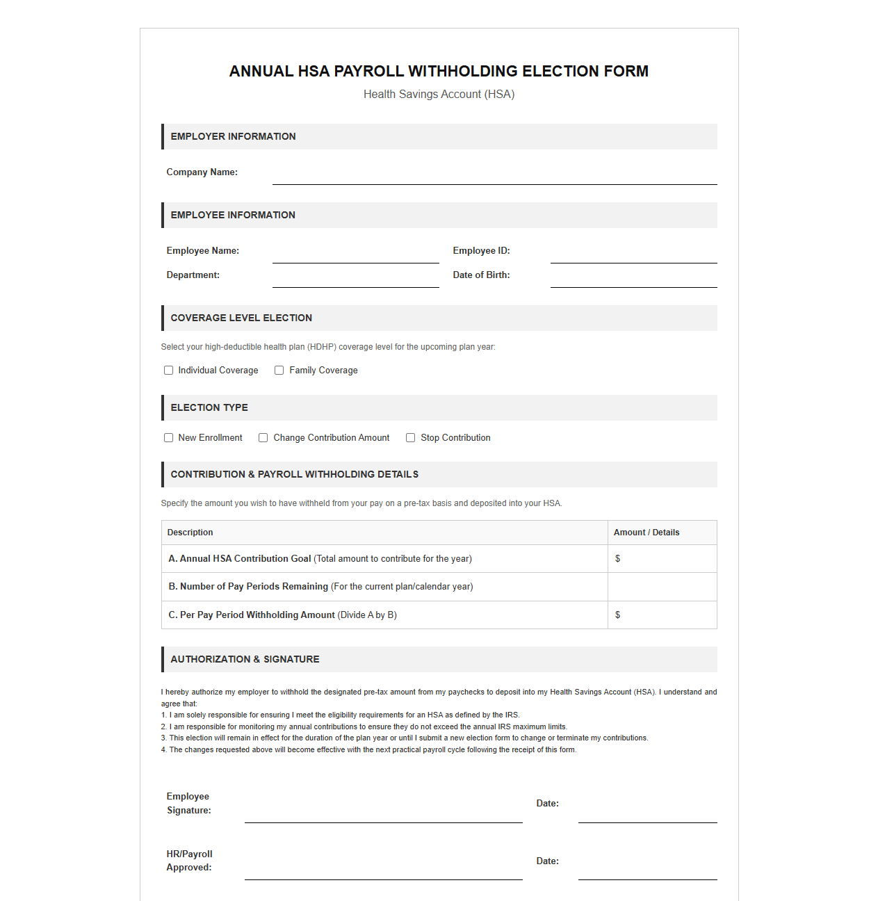 Annual HSA Payroll Withholding Election Form
