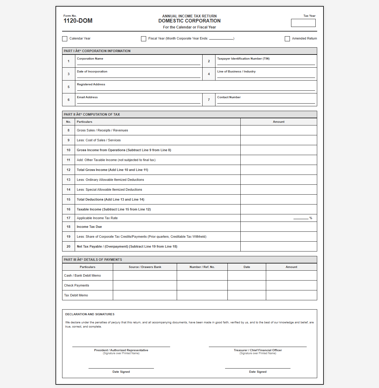 Annual Income Tax Return for Domestic Corporations