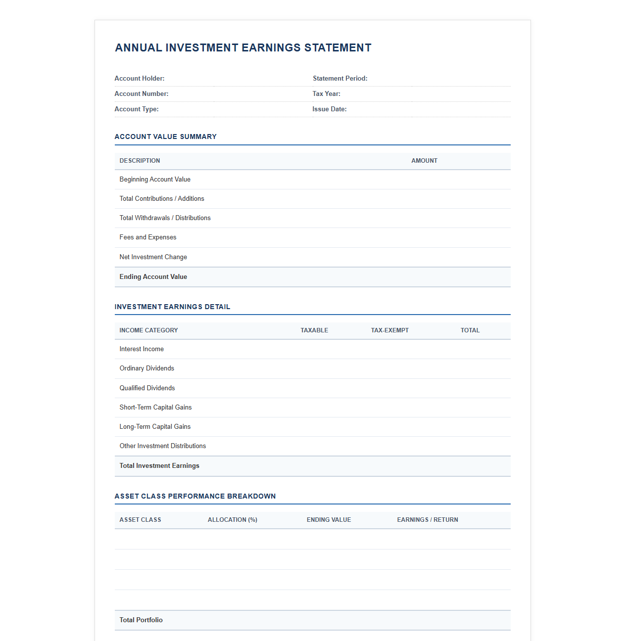 Annual Investment Earnings Statement Template