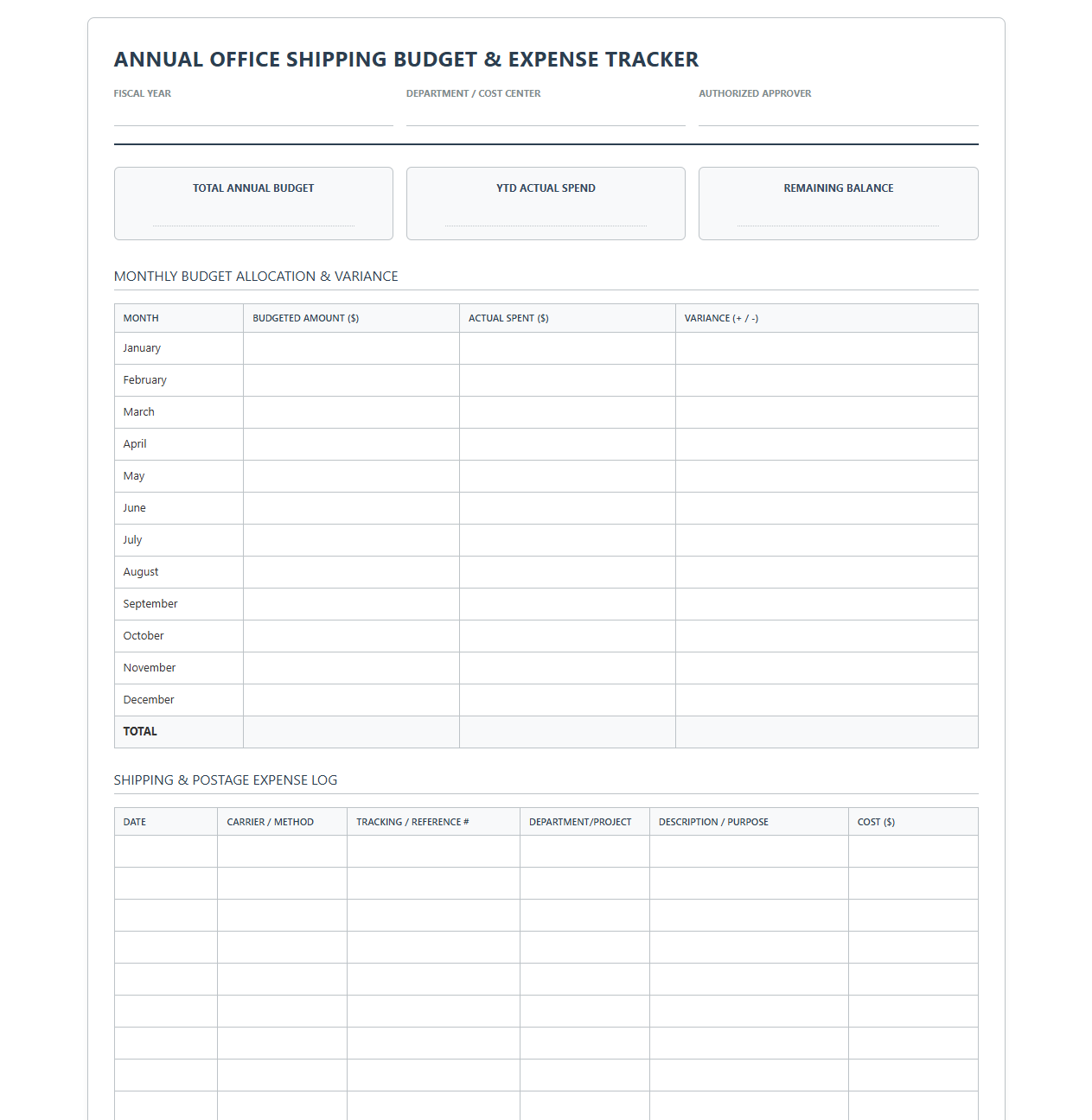 Annual Office Shipping Budget and Expense Tracker