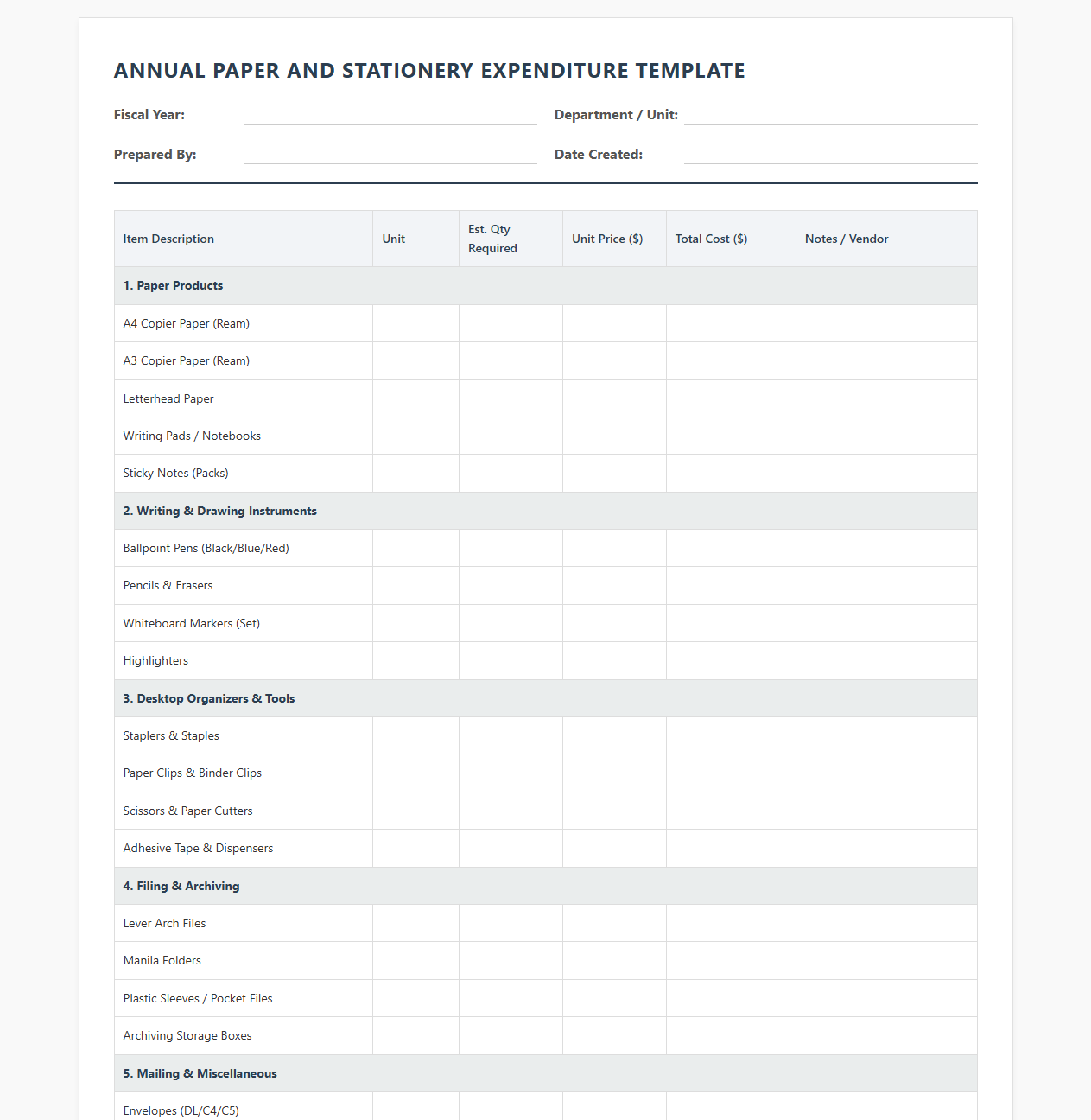 Annual Paper and Stationery Expenditure Template