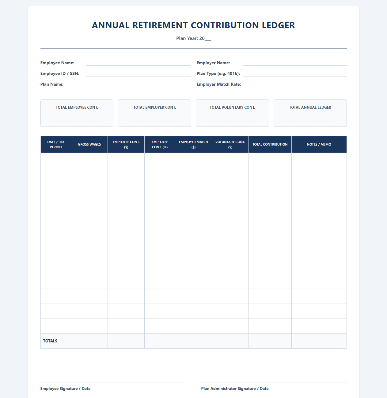 Annual Retirement Contribution Ledger Template