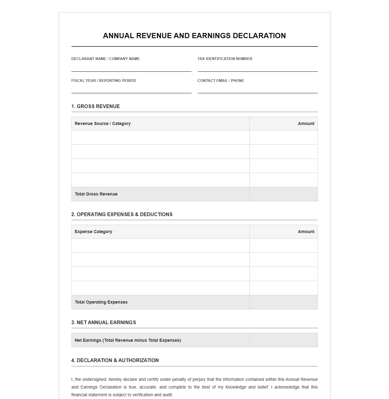 Annual Revenue and Earnings Declaration Template