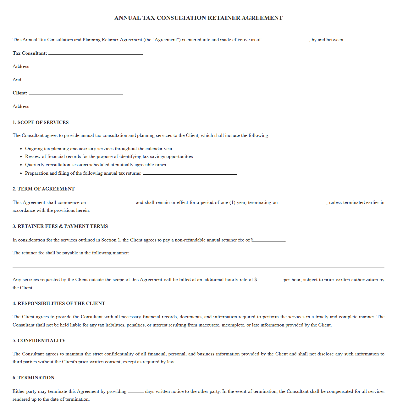 Annual Tax Consultation Retainer Agreement Form