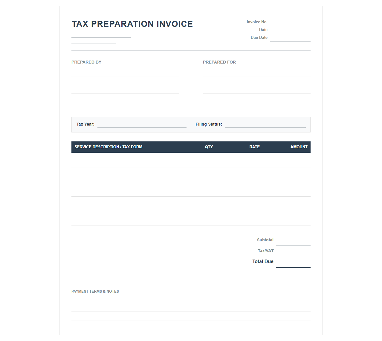 Annual Tax Filing Fee Bill Template