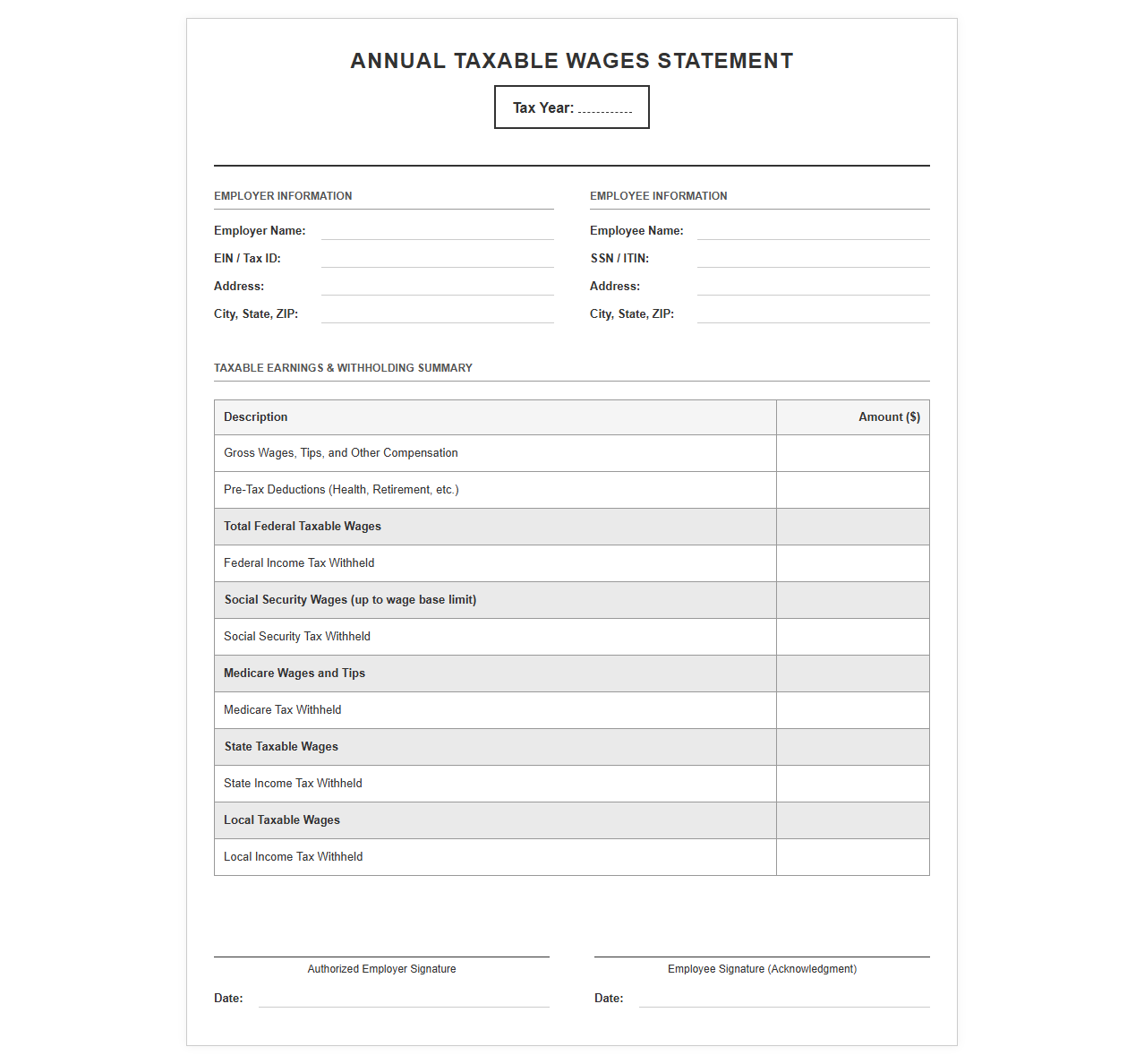 Annual Taxable Wages Statement Template