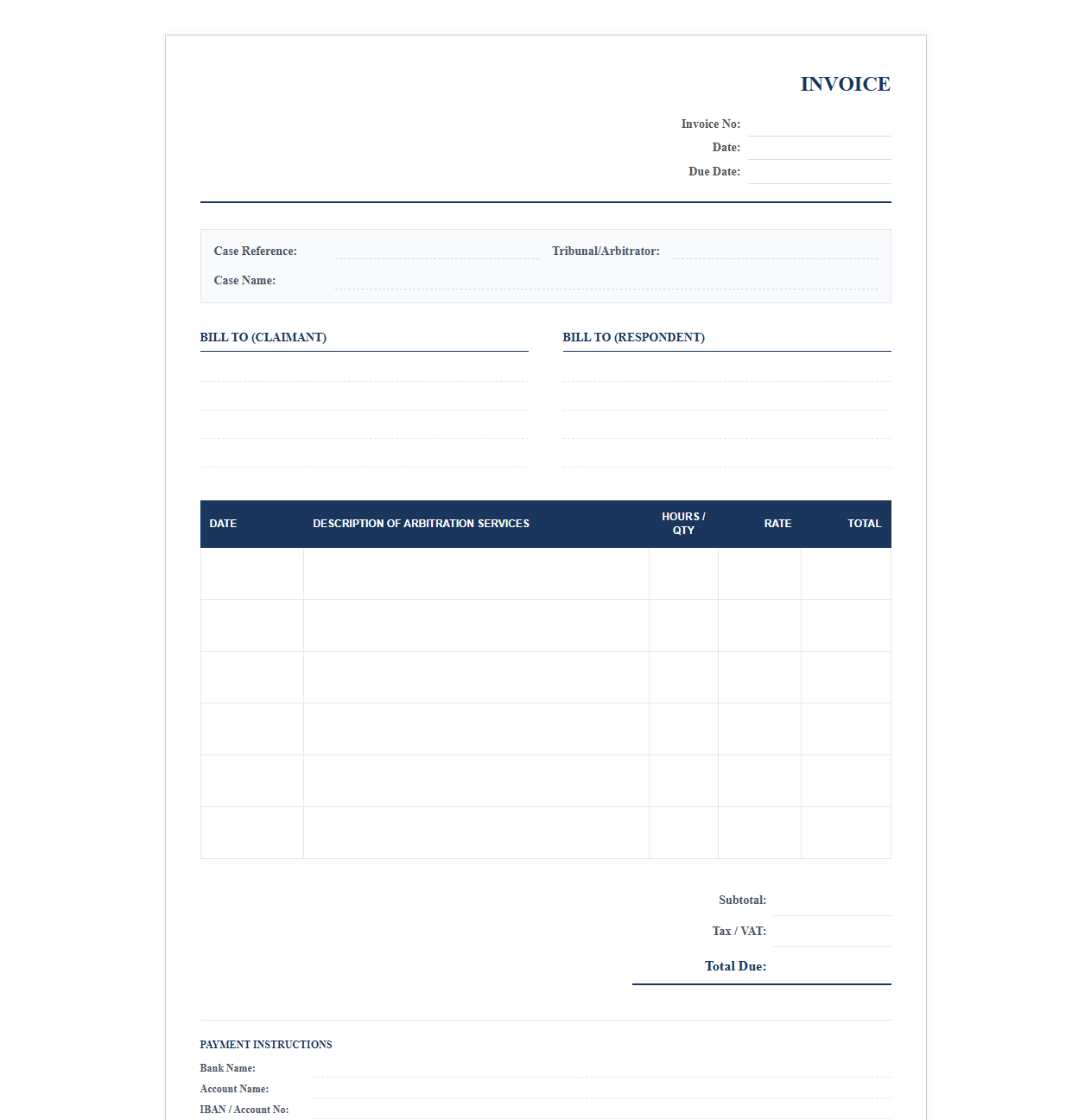 Arbitration Services Invoice Template