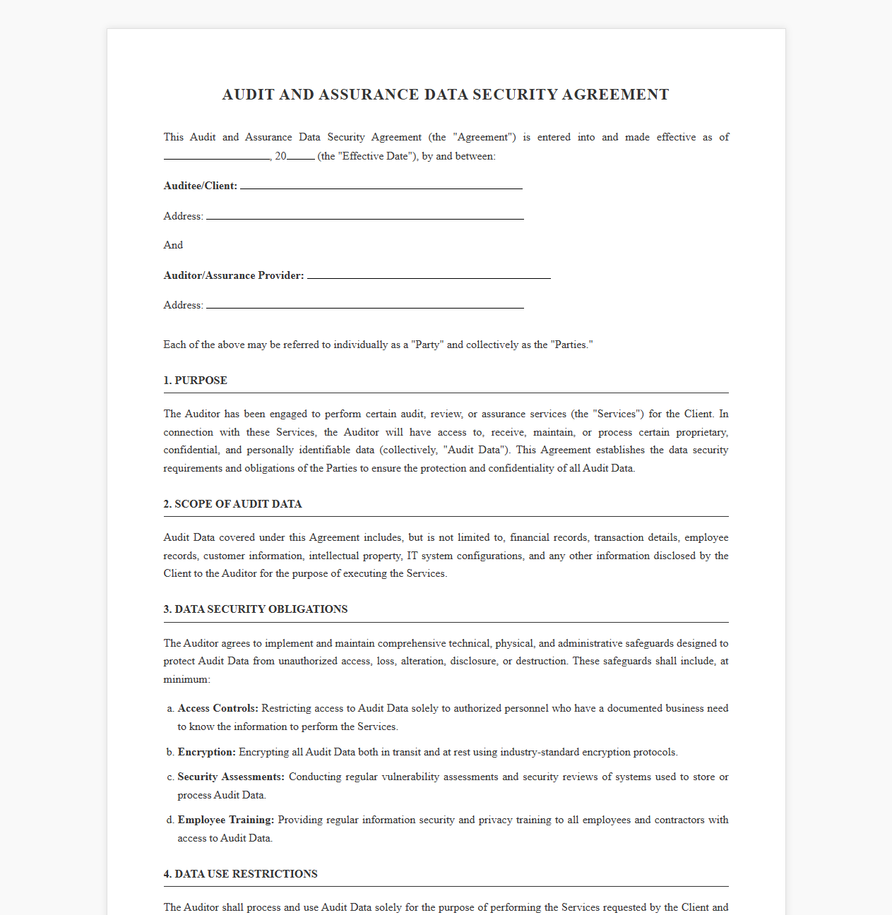 Audit and Assurance Data Security Agreement Template