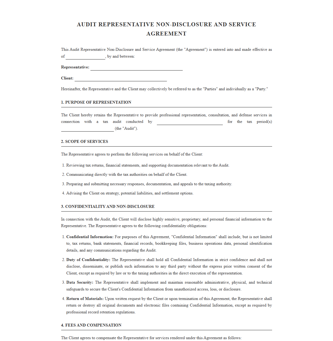 Audit Representative Non-Disclosure and Service Agreement