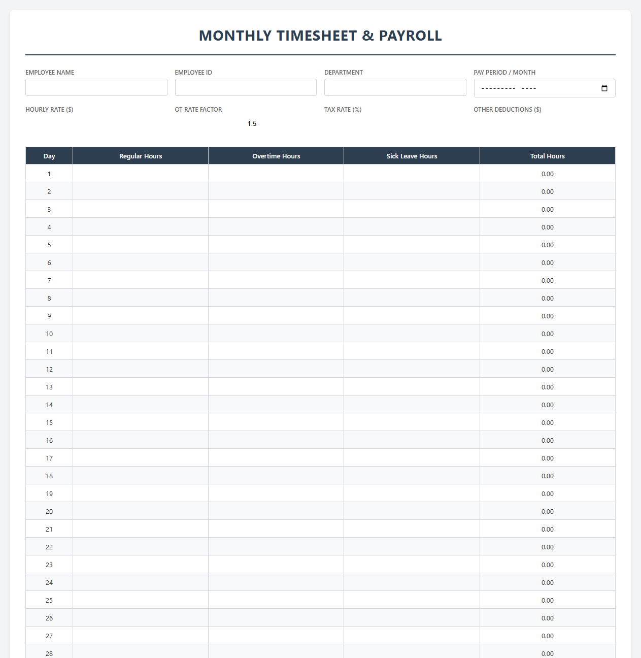 Automated Monthly Payroll and Timesheet Sheet
