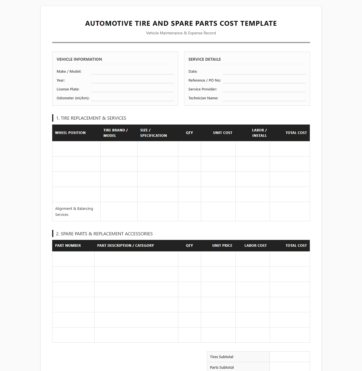 Automotive Tire and Spare Parts Cost Template