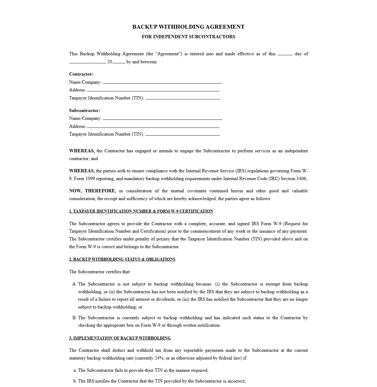 Backup Withholding Agreement for Independent Subcontractors