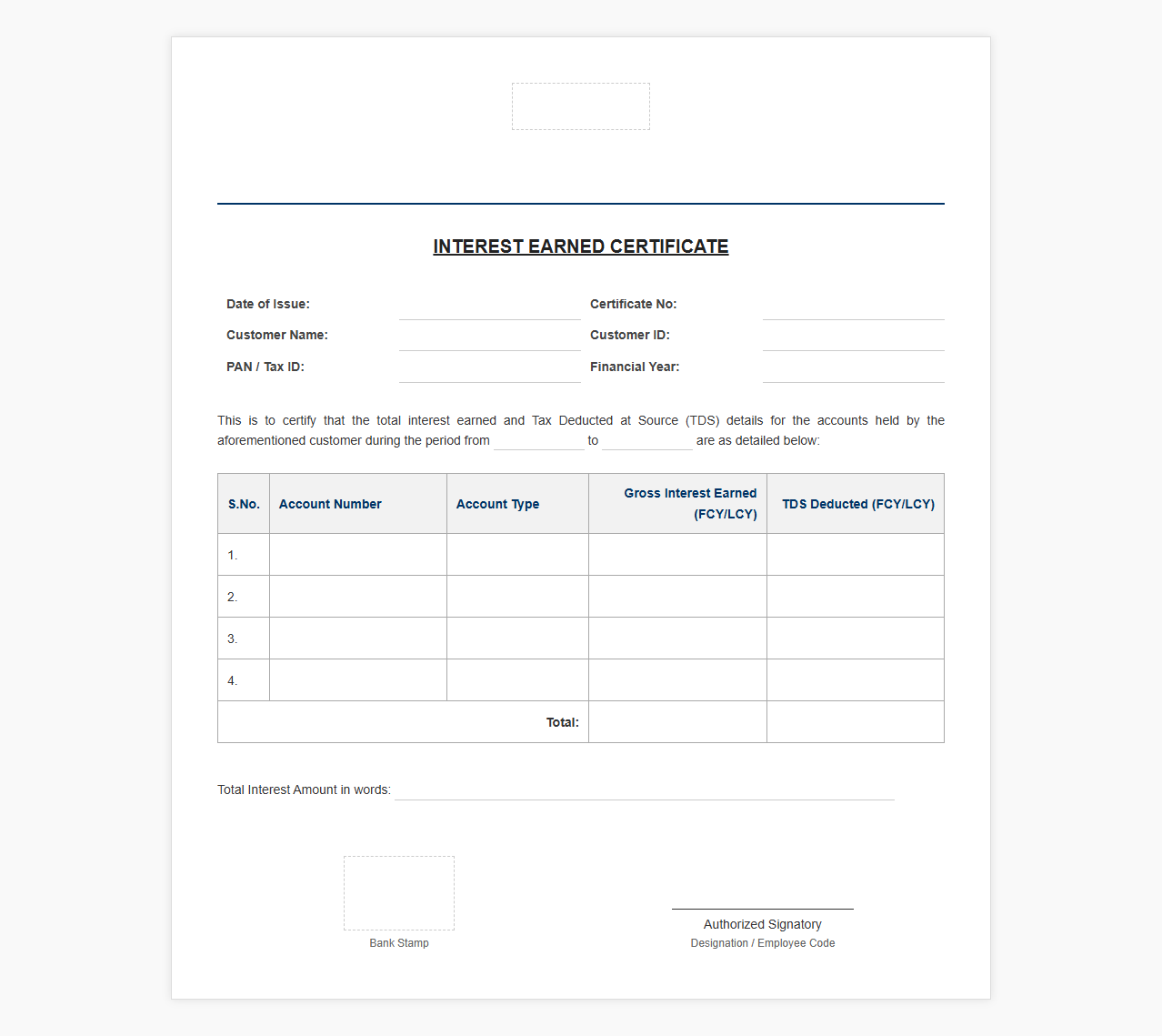 Bank Interest Earned Certificate Template