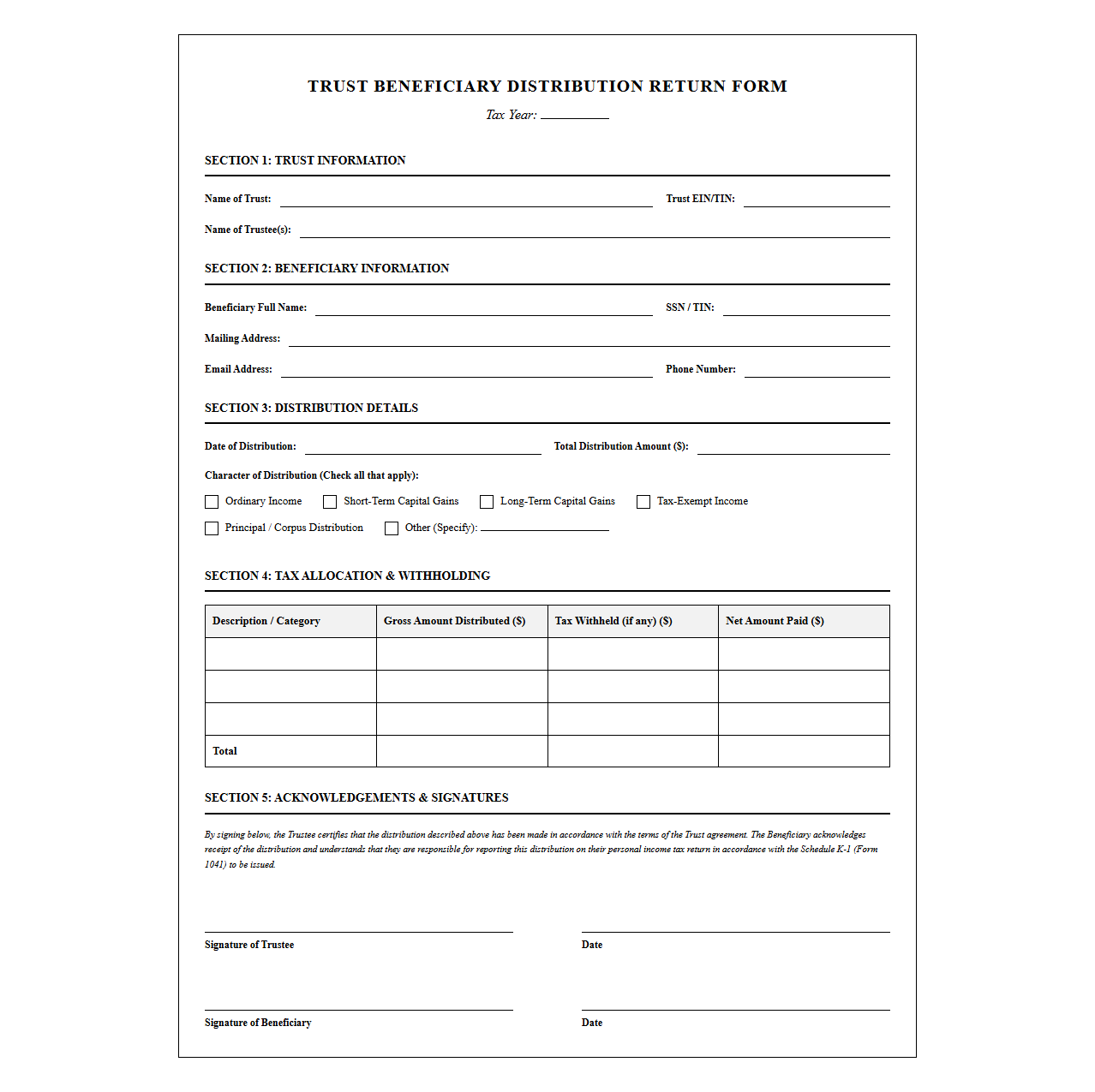 Beneficiary Trust Distribution Return Form
