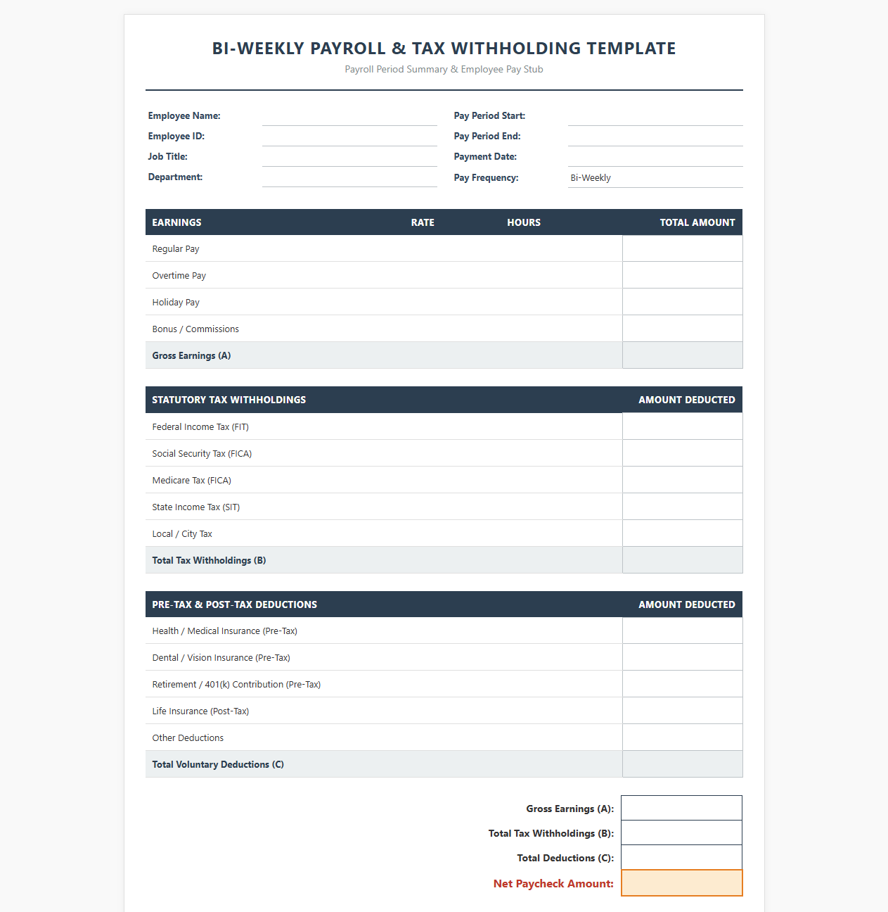 Bi-Weekly Employee Payroll Tax Deduction Template