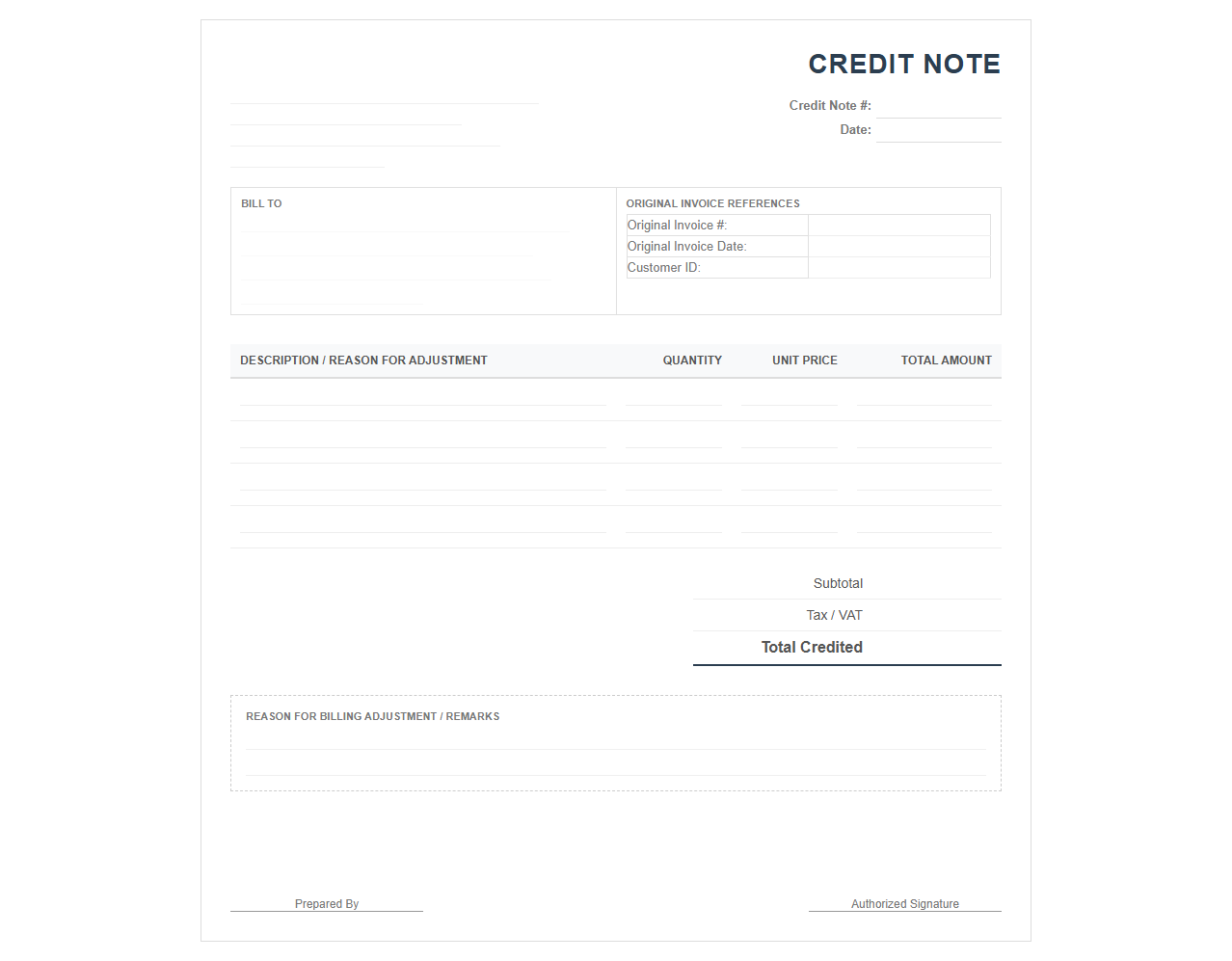 Billing Adjustment Credit Note Format