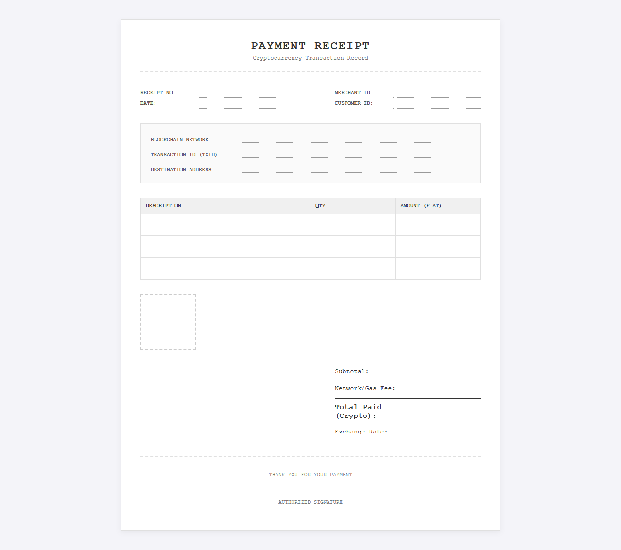 Bitcoin and Cryptocurrency Invoice Receipt