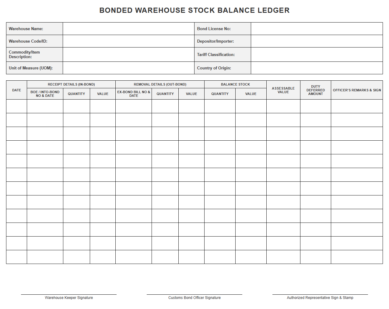 Bonded Warehouse Stock Balance Ledger