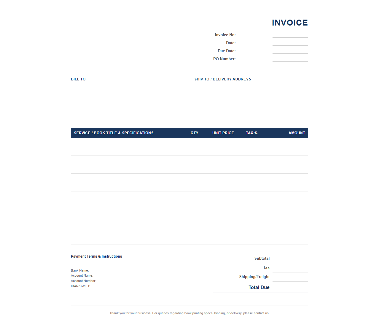 Book Publishing and Printing Services Invoice
