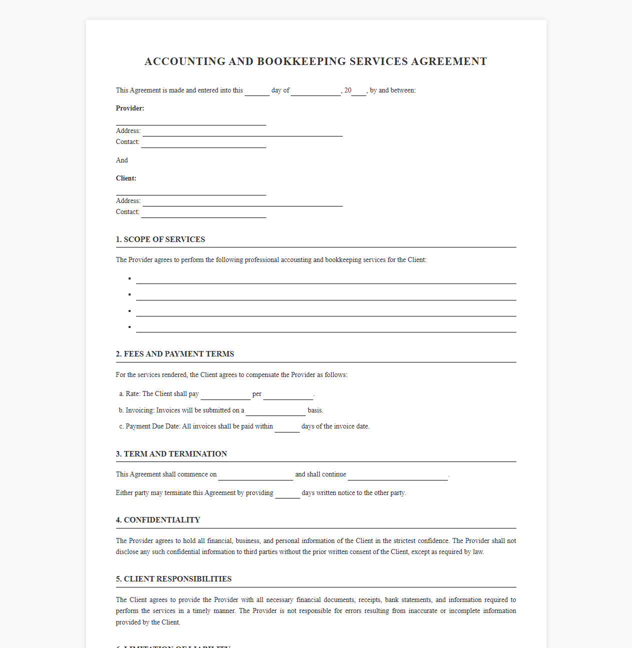 Bookkeeping and Accounting Services Contract Template