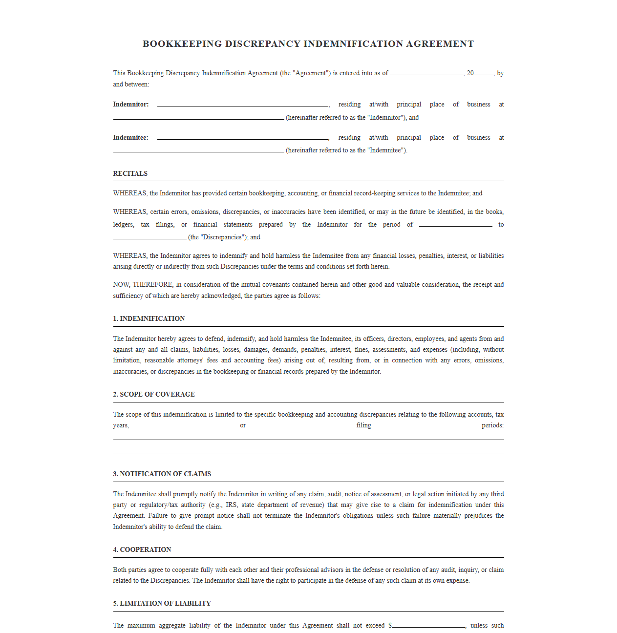 Bookkeeping Discrepancy Indemnification Agreement Form