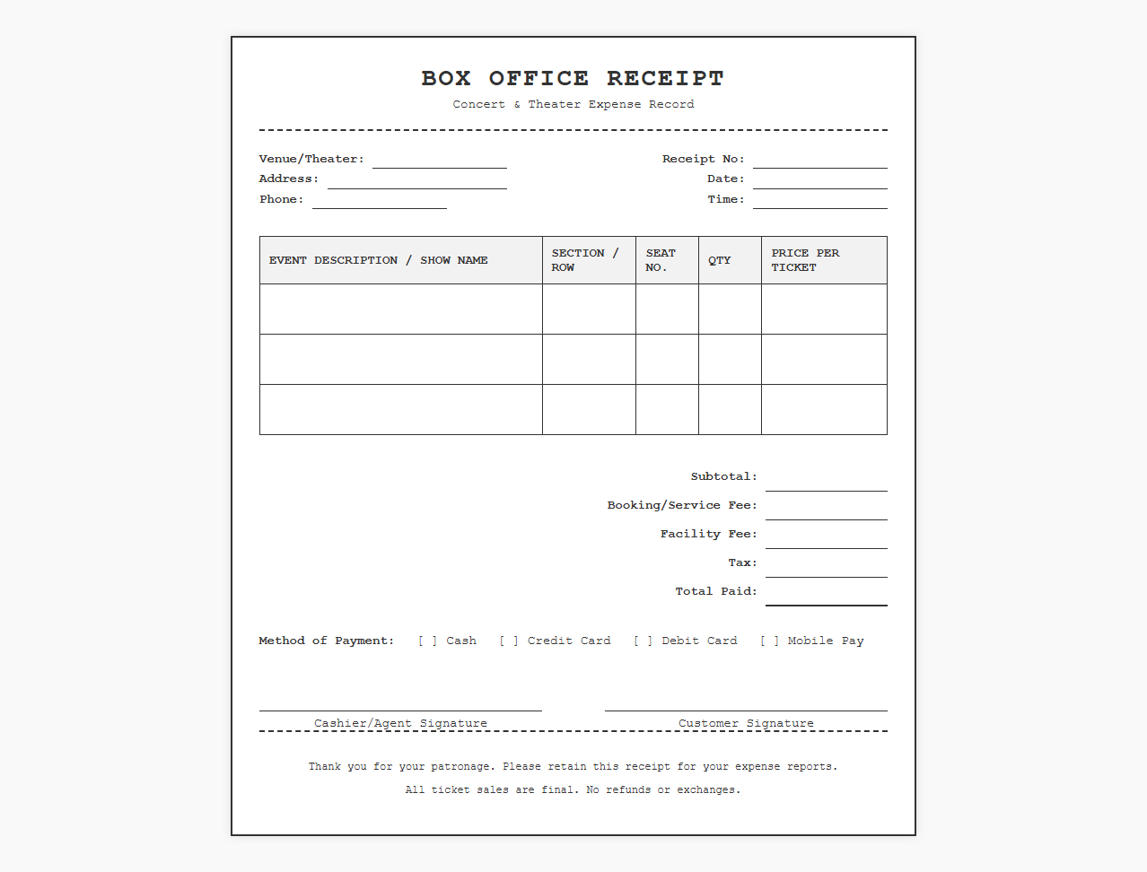 Box Office Ticket Receipt Template