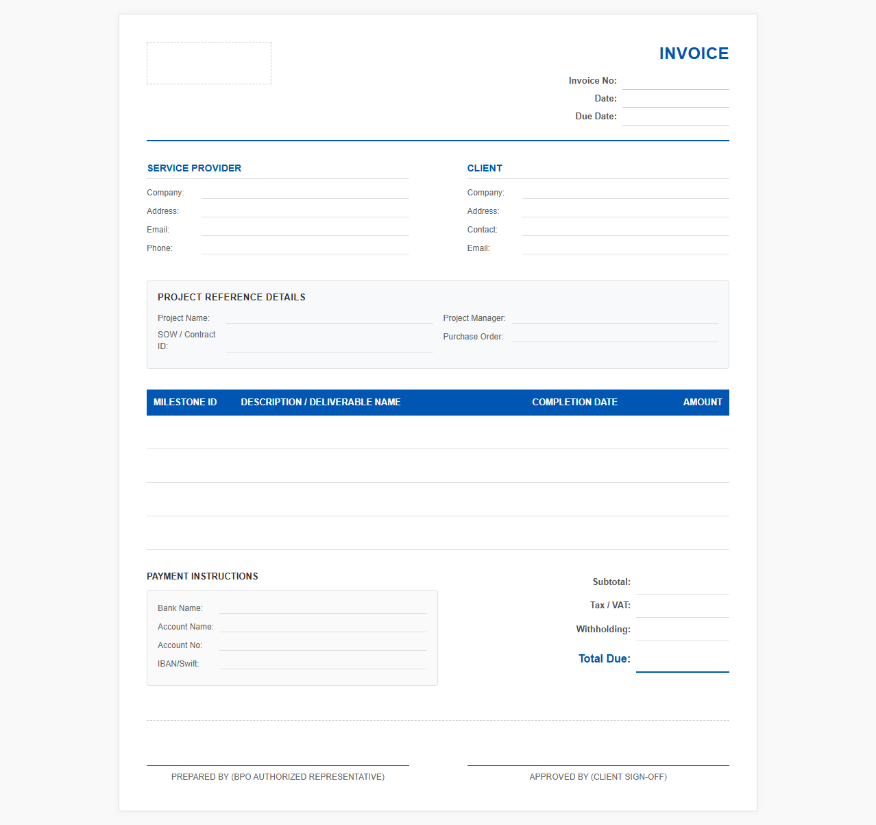 BPO Project Milestone Payment Invoice Template