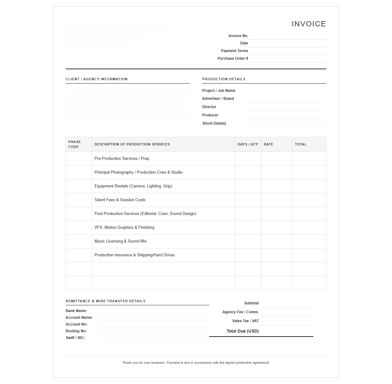 Broadcast Commercial Production Service Invoice