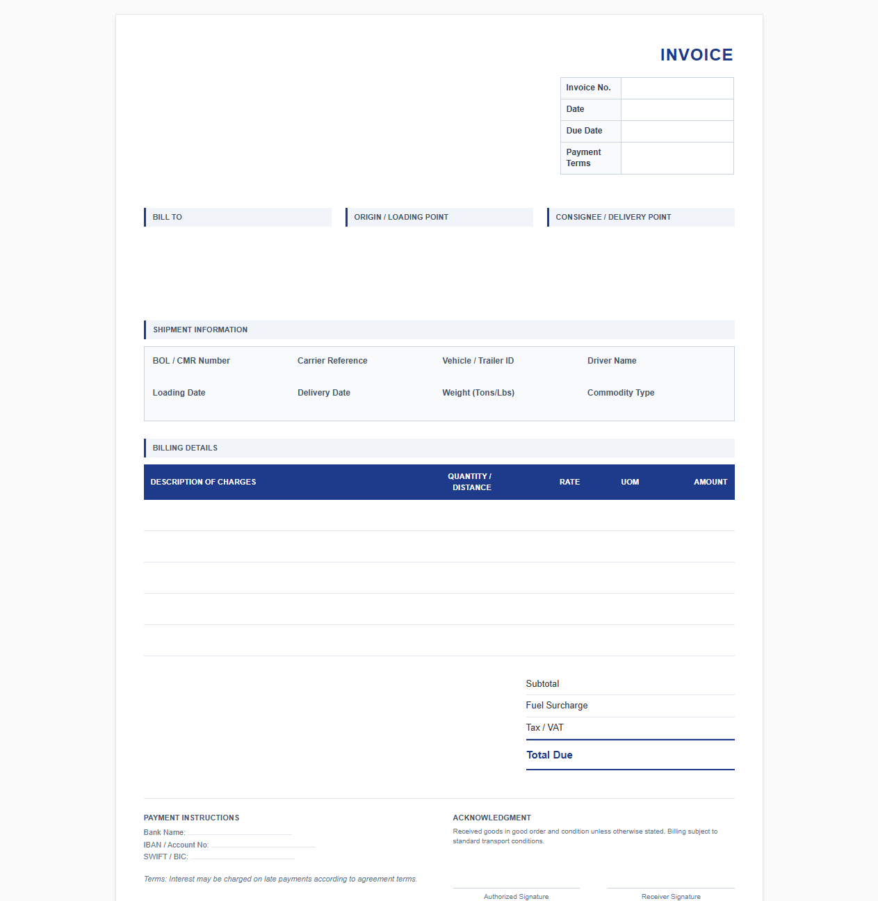 Bulk Freight Transport Billing Template