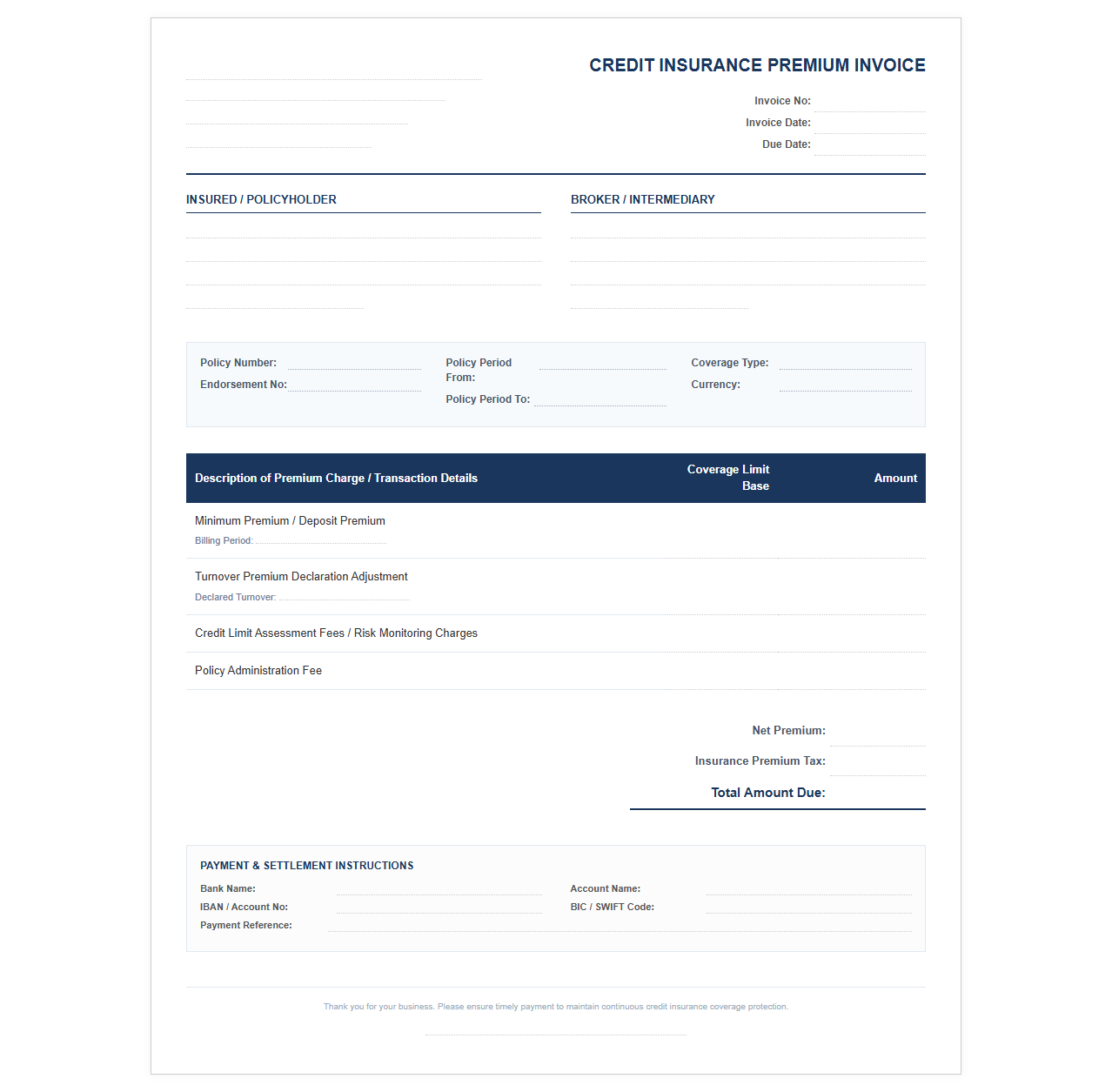 Business Credit Insurance Premium Invoice