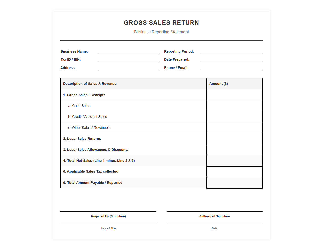 Business Gross Sales Return Template