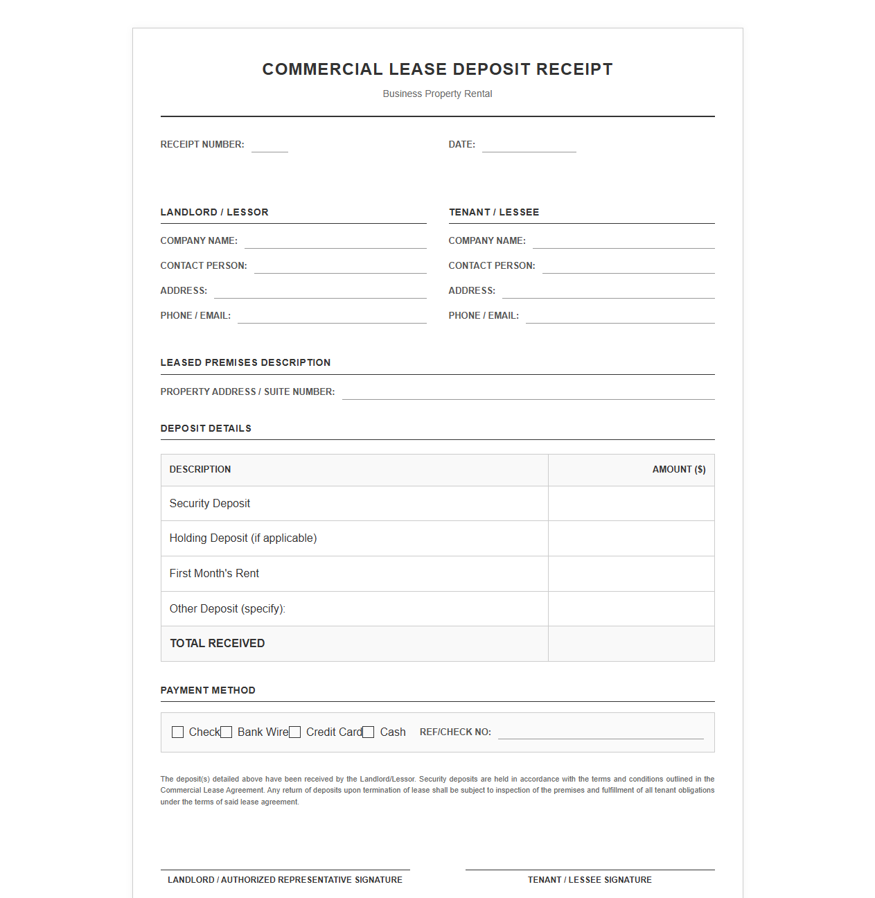 Business Property Rental Deposit Receipt