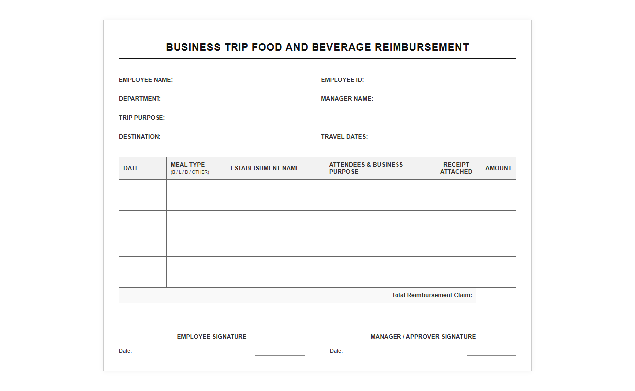 Business Trip Food and Beverage Reimbursement Template