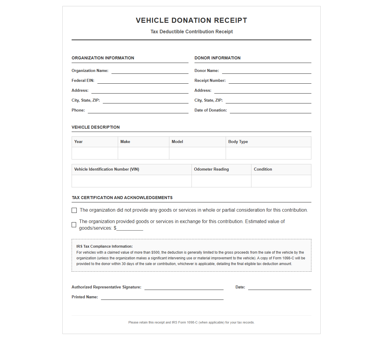 Car Donation Tax Deductible Receipt Form