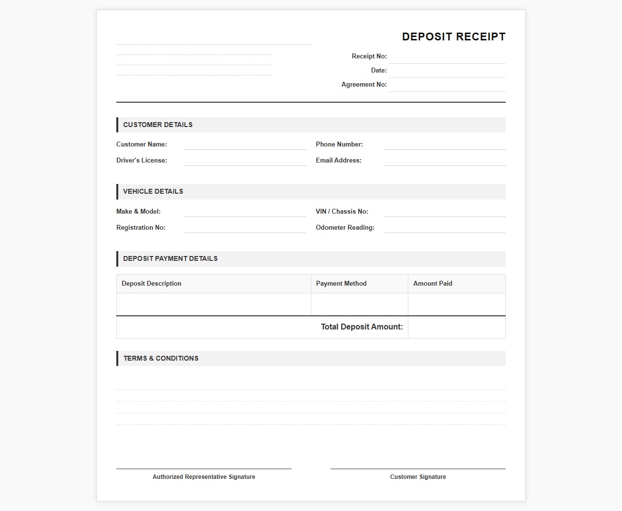 Car Hire Deposit Payment Receipt Template